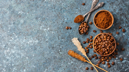 Roasted coffee beans with sugar crystal stick for morning espresso