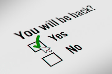 Checkbox Marking Survey (You will be back?) checking "Yes" Option. Customer Satisfaction Survey Concepts