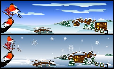 Illustrations with bullfinches on a Christmas theme. Can be used as a banner, greeting card or print.