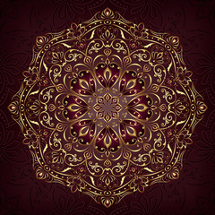 Vintage background mandala card with golden lace ornaments and art deco floral decorative elements