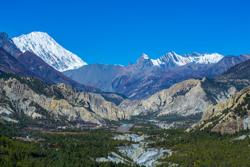 Naklejka na ściany i meble Landscape view of pine forest and mountains at background, Annapurna Conservation Area, Nepal