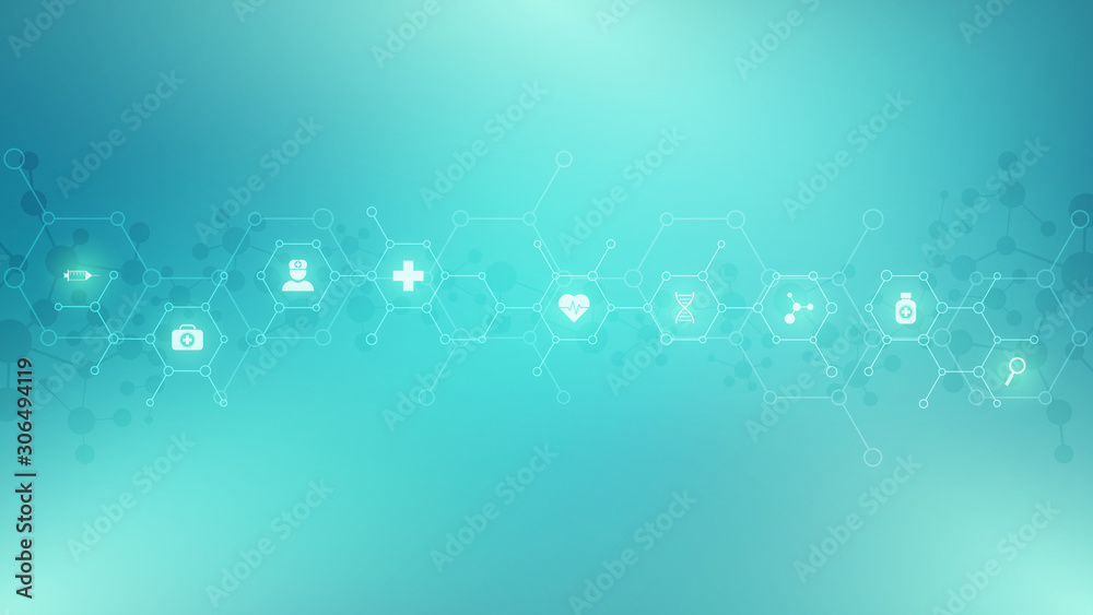 Poster Abstract medical background with flat icons and symbols. Template design with concept and idea for healthcare technology, innovation medicine, health, science and research.