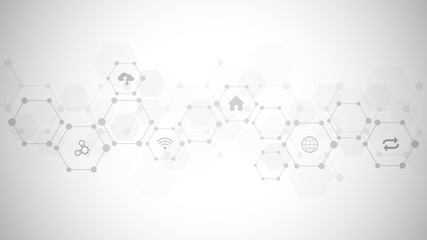 Obraz premium Technology background with flat icons and symbols. Concept and idea for internet of things, communication, network, innovation technology, system integration. Vector illustration.