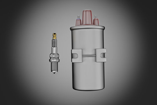 Igniter coil, Ignition and glowplug system. Igniter coil on black background. 3d rendering