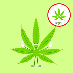 Cannabis is a funny character due to the legalization of hemp. Sign of legalization of marijuana use and distribution. Vector illustration