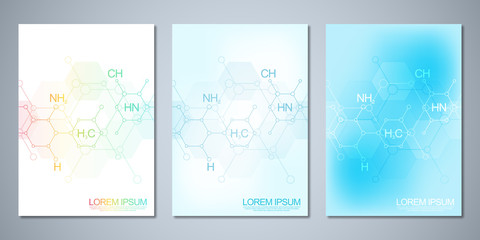 Fototapeta na wymiar Template brochure or cover design, book, flyer with abstract chemistry background and chemical formulas. Concept and idea for science and innovation technology.