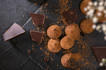 Chocolate truffle candy with cocoa powder on dark background