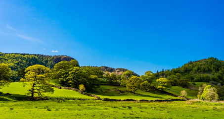 Landscape in the surroundings of Grasmere village in the Lake District, Cumbria, England on a sunny day with blue sky.