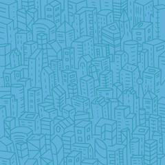City buildings background simple sketch. Architecture town landscape. Big city view pattern. Hand drawn felt-tip pen line. Blue colour.