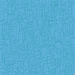 City buildings background simple sketch. Architecture town landscape. Big city view pattern. Hand drawn felt-tip pen line. Blue colour.