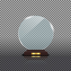 Round glass trophy award. Acrilic blank crystal prize on isolated background. Round glass award cup for winner. Realistic pedestal for achievement winner. Trophy base panel. Design vector