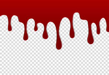 Realistic driping blood. Dripping liquid texture. Drops and splashes of red jam. Splatter paint . Dripping inks. Flows stains on wall. Current droplet for graphic game. Current oil. vector