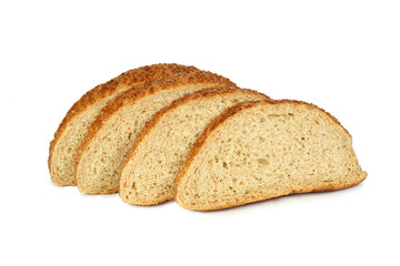 pieces of rustic bread with bran isolate on white.Entire image in sharpness.