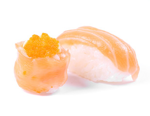 Fresh salmon sushi isolated on white background