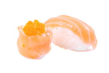 Fresh salmon sushi isolated on white background
