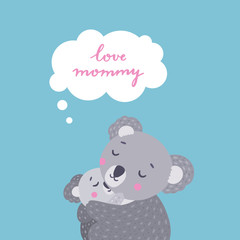 Lovely mommy kids card with two cute koala bears. Vector illustration for children. Mother and baby sweet concept