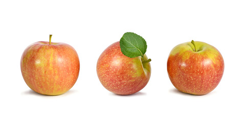 red apple with leaf, green side and highlights isolate on white.Entire image in sharpness.