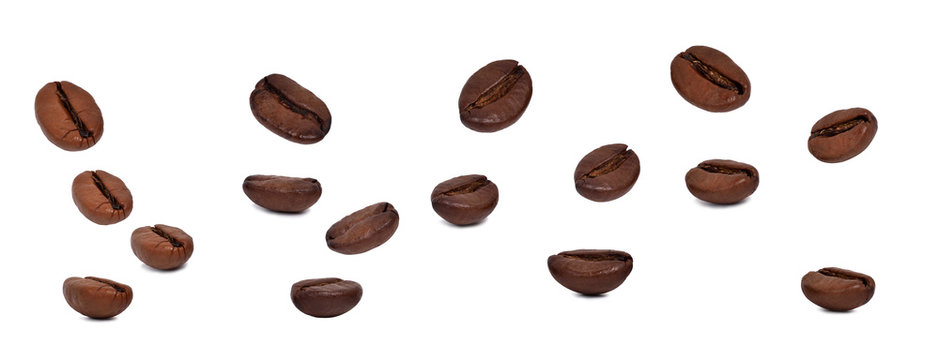 set of roasted coffee beans isolated on white.Entire image in sharpness.