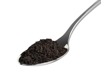 black tea in metal spoon isolated on white
