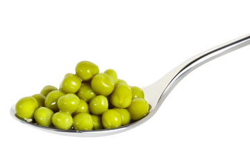 Green peas vegetable seed in metal spoon.Entire image in sharpness.