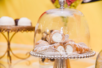 Sweet fresh french puff horn delicious candy bar ideas close up delicious with whipped cream in one 