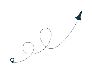 Spaceship silhouette icon with dotted line path.