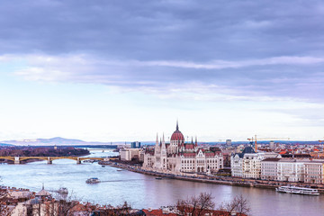 Fototapeta na wymiar Landscape view of Budapest city with the Hungarian parliament building at Danube river