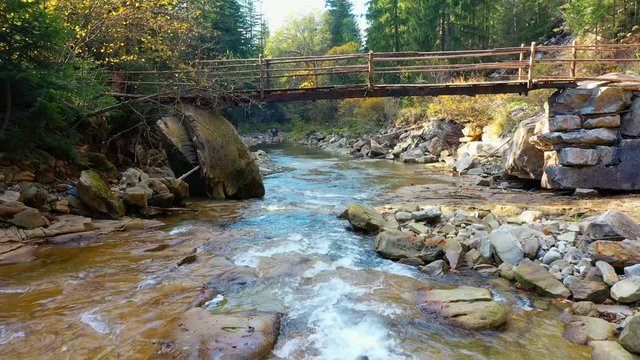 mountain river flowing between rocky shores in Carpathians mountains, Ukraine