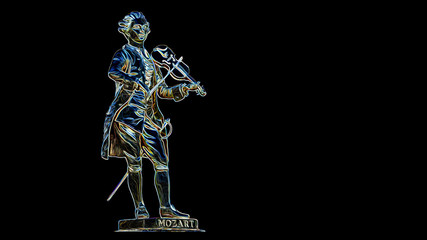 A Beautiful Vivid Colorful Illustration of  Wolfgang Amadeus Mozart Playing A Violin.  Isolated / Die Cut on Dark Background with Clipping Path or Selection Path and Copy Space for Text.