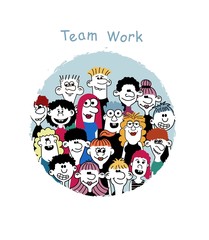 Hand drawn funny characters faces, group of happy people in a round hole. Vector set