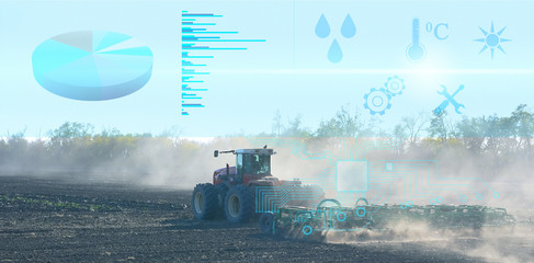 preparation of the field by a farmer using a tractor equipped with smart sensors that allow the calculation of important parameters to increase the yield
