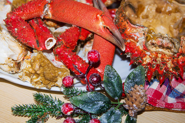 Christmas lunch or dinner with cooked crab, seafood