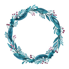 Christmas frame from decorative elements: leaves and berries
