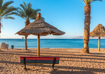 Morning on central public beach of Eilat - famous tourist resort and recreational city in Israel and Middle East