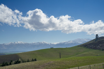 Fototapeta na wymiar New Zealand scenic route with snowcap mountain in background.