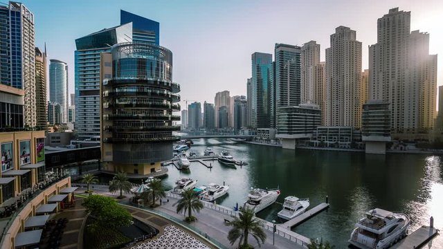Dubai Marina Mall along Dubai Marina & Yacht club at Jumeirah Beach time lapse