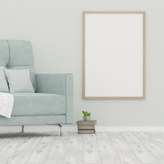 living room with white wall and light blue sofa, Blank poster on white wall, 3D Rendering