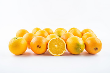 Fresh Nangan Navel Orange and pulp slices on white background
