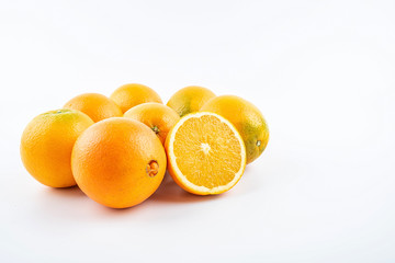 Fresh Nangan Navel Orange and pulp slices on white background