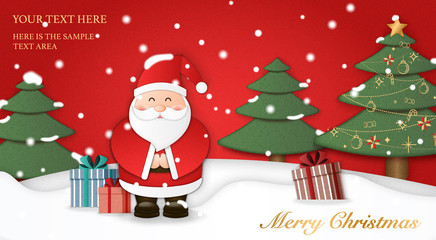 Relief paper art of Santa Claus present gifts with Christmas tree snow ground background. Merry Christmas and happy new year vector clip illustration.