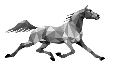  running horse, Trotter, colored, amethyst  isolated image on white background in low poly style  