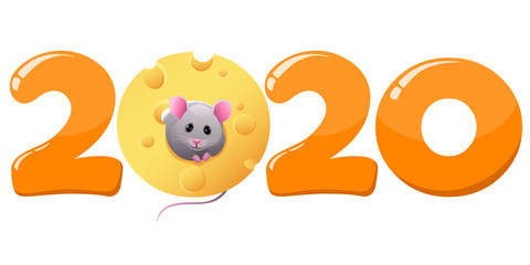 New Year card with a little mouse symbol of year. Vector illustration.