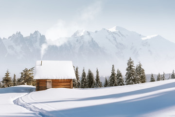 Fantastic landscape with snowy house