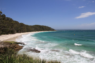 Fototapeta na wymiar Beautiful sweep of the white-sand beach of Jervis Bay National Park, New South Wales, Australia, with tree-lined shore and waves breaking