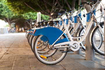 Obraz premium blue rental bicycles with blue advertising space