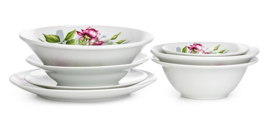white ceramics tableware set isolated on white background