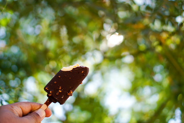 Chocolate ice cream with natural green bokeh as a background.