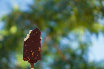 Chocolate ice cream with natural green bokeh as a background.