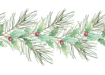 Naklejka na ściany i meble Seamless pattern with christmas tree branch and holly on white background. Watercolor print. Hand drawn illustration