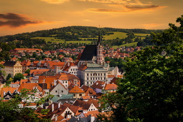 Beautiful view to Cesky Krumlov on a sunset, Czech republic.